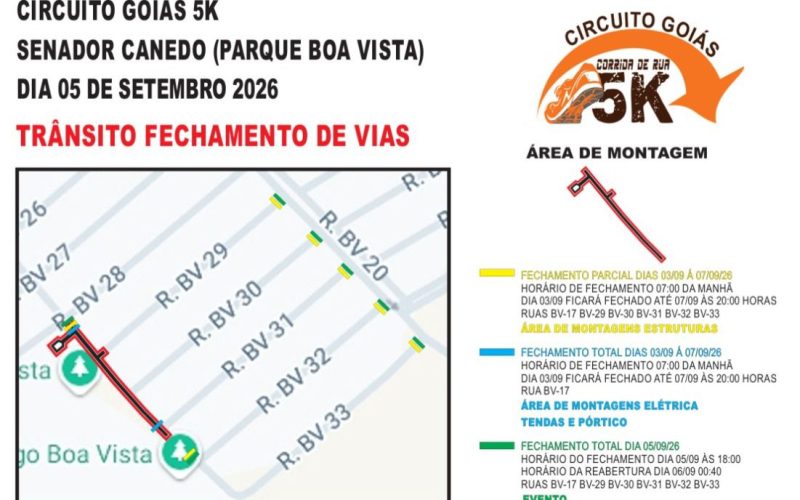 Goiás 5K: trânsito terá interdições na região do Parque Boa Vista, em Senador Canedo